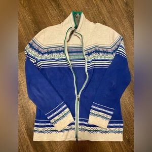 Eddie Bauer Women's Nordic Fair Isle Zip Up Sweater 100% Cotton Blue Cream